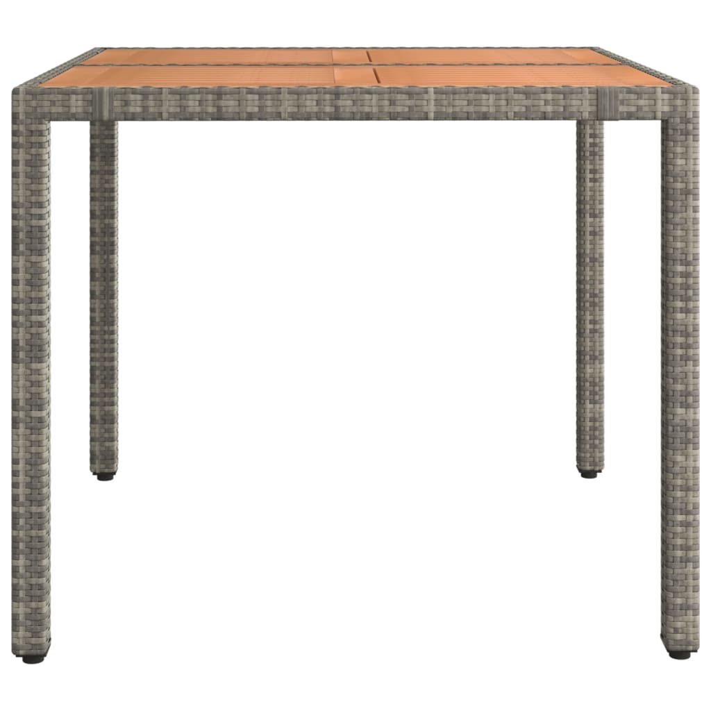 szürke polyrattan és tömör akácfa kerti asztal fa asztallappal