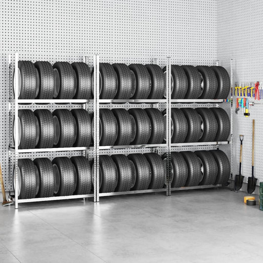 3 db ezüstszínű 3 szintes acél gumiabroncstartó 110x40x200 cm