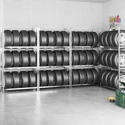 4 db ezüstszínű 3 szintes acél gumiabroncstartó 110x40x200 cm