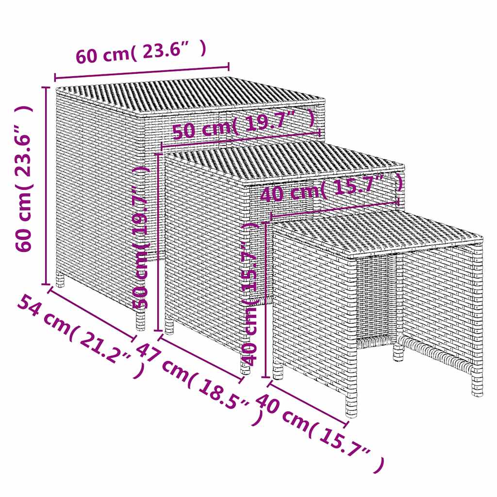 3 db fekete polyrattan rakásolható kisasztal