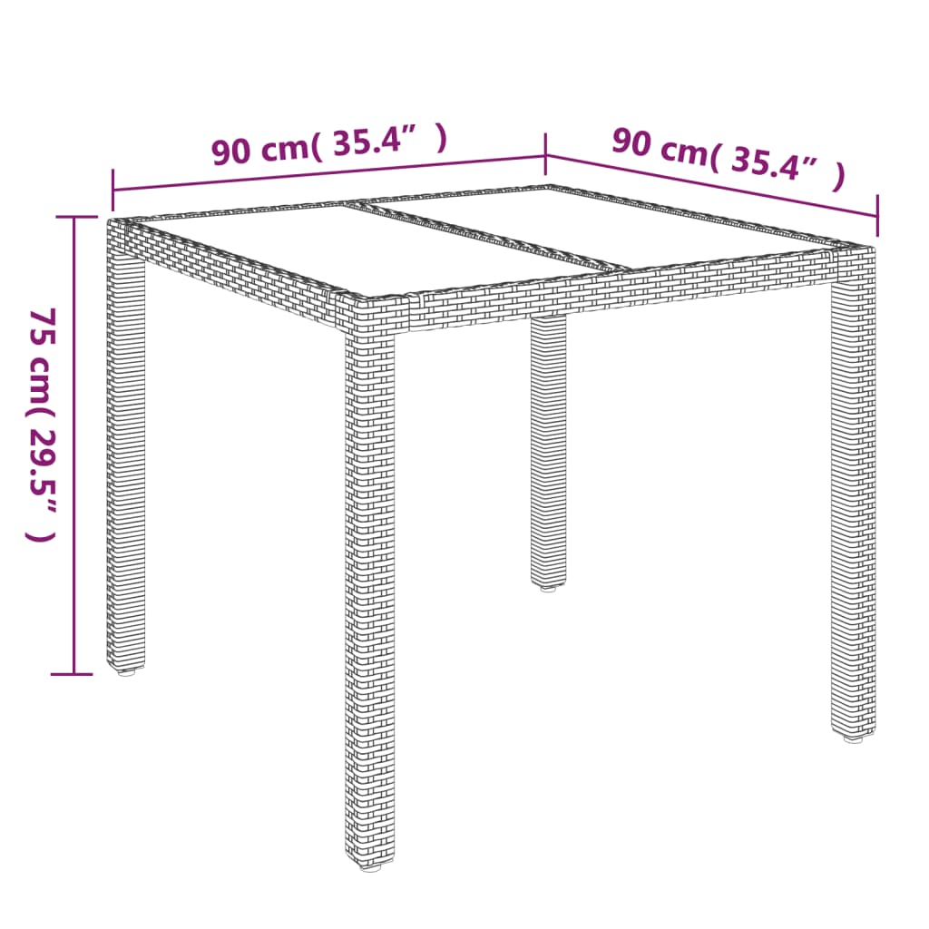 fekete polyrattan üveglapos kerti asztal 90 x 90 x 75 cm