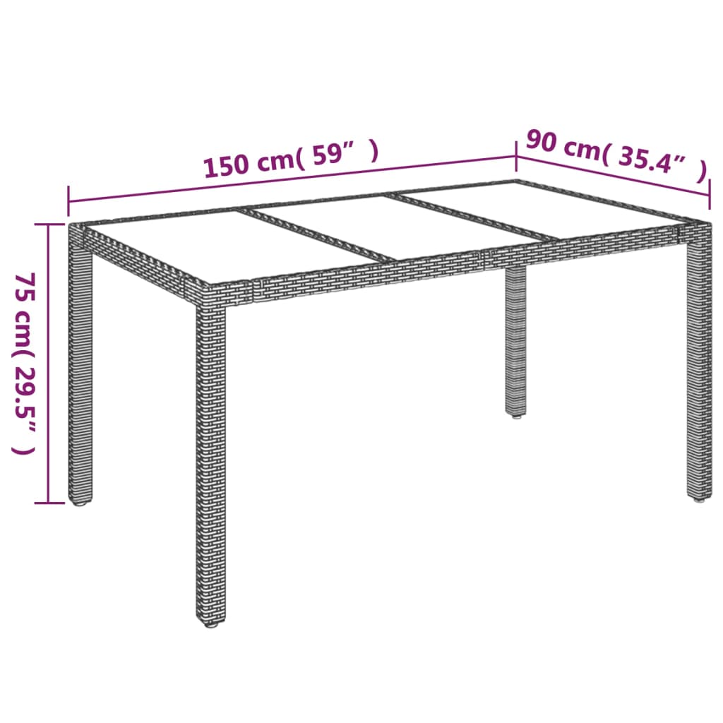 fekete polyrattan üveglapos kerti asztal 150 x 90 x 75 cm