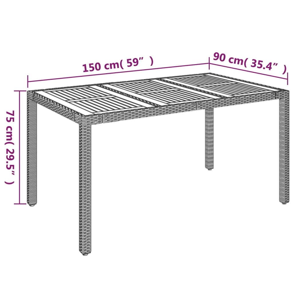 szürke polyrattan falapos kerti asztal 150 x 90 x 75 cm