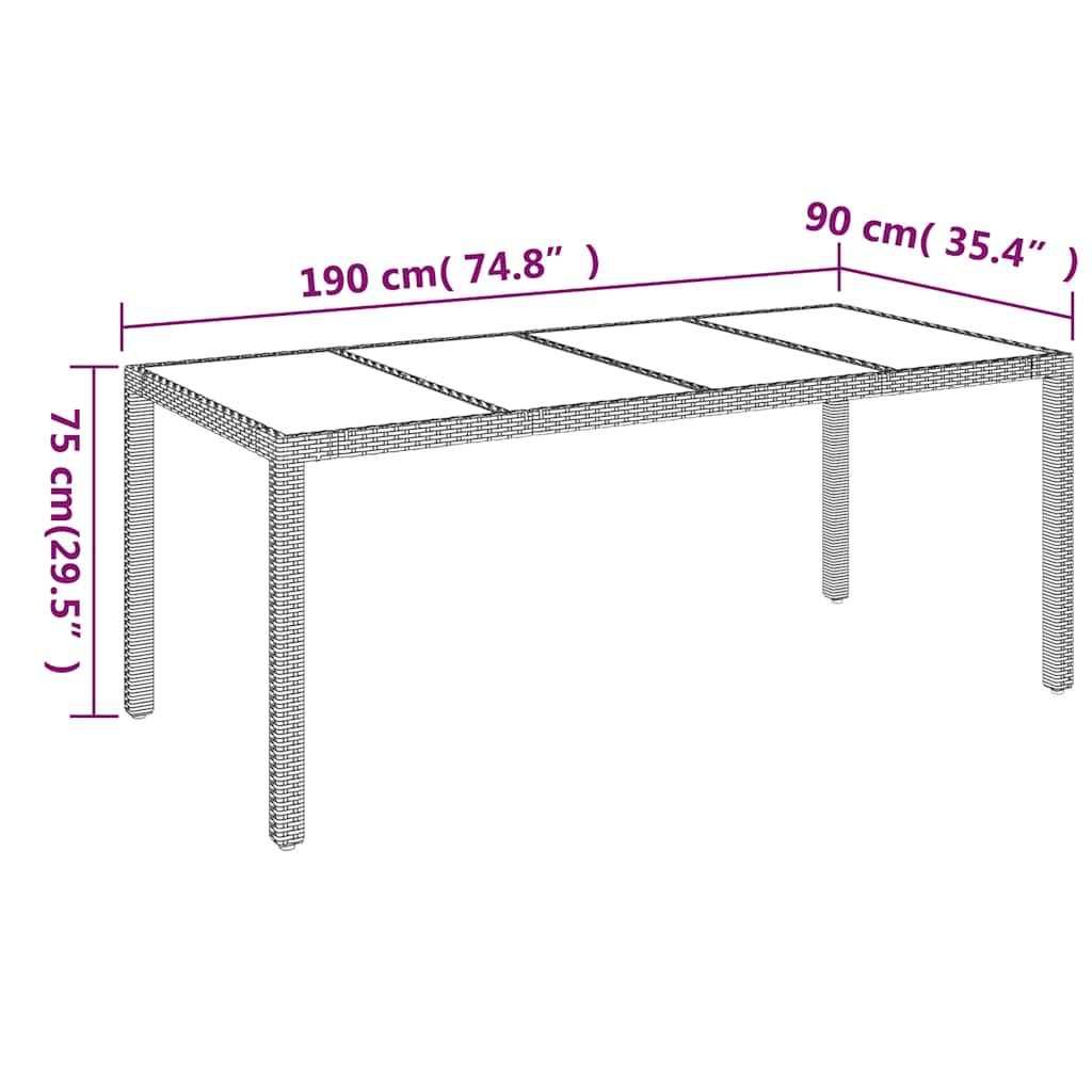 szürke polyrattan üveglapos kerti asztal 190 x 90 x 75 cm