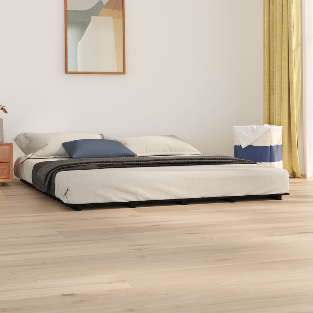 fekete tömör fenyőfa ágykeret 200 x 200 cm