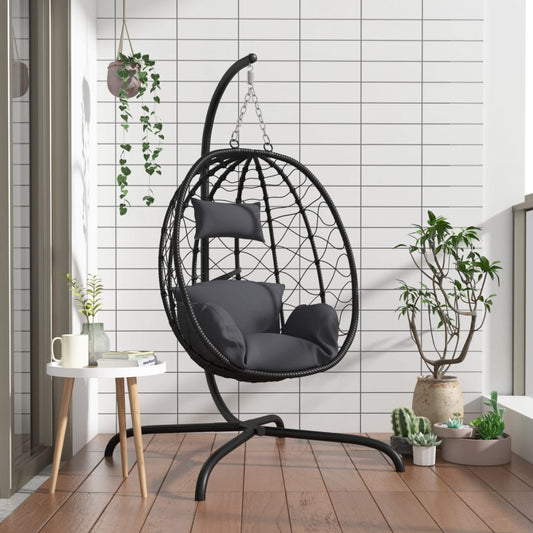 antracitszürke polyrattan és acél függő tojás alakú szék párnával