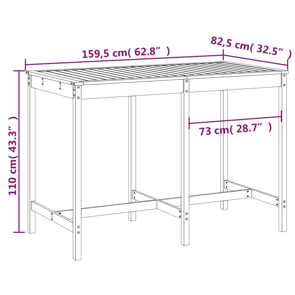 tömör fenyőfa kerti asztal 159,5 x 82,5 x 110 cm