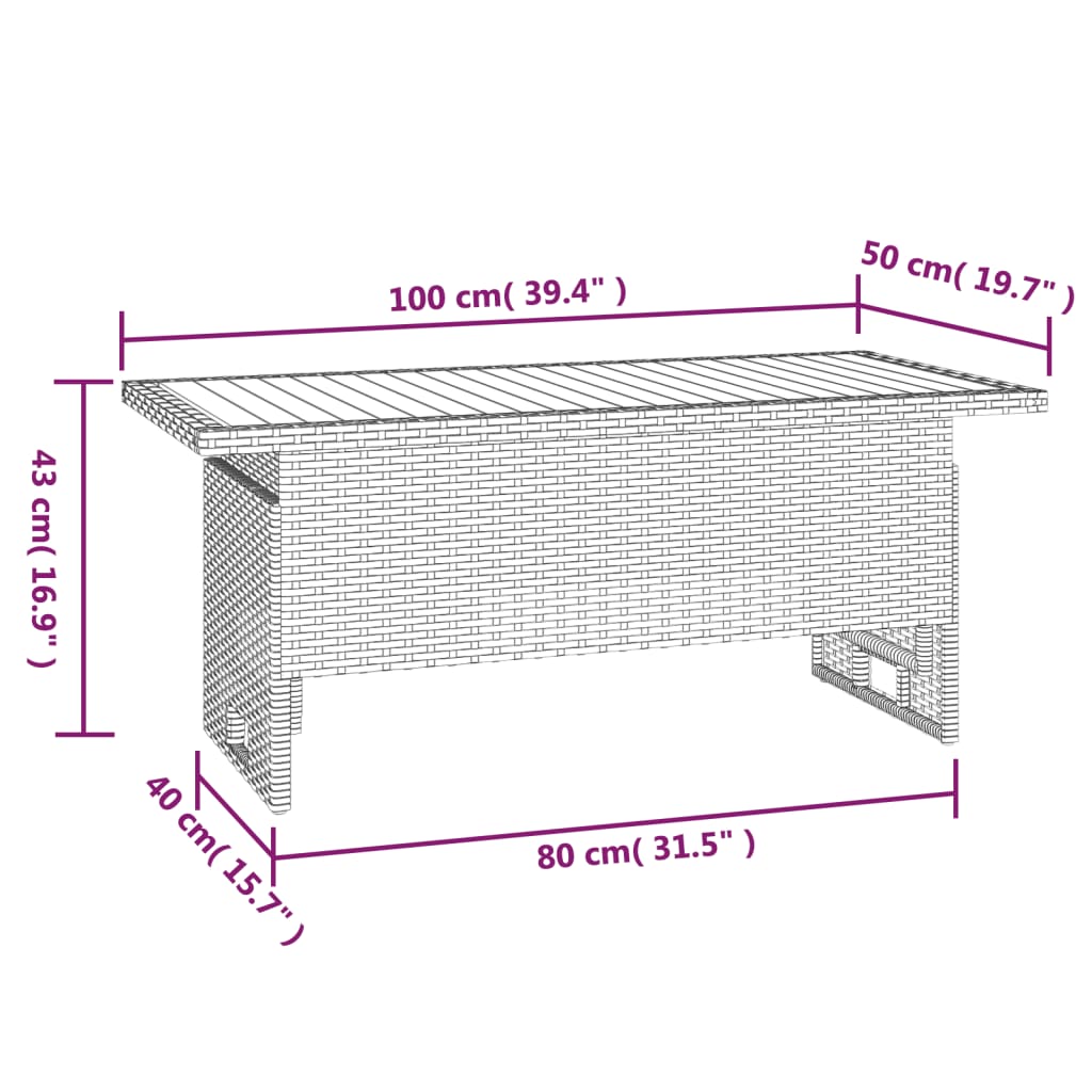 fekete tömör akácfa és polirattan kerti asztal 100x50x43/63 cm