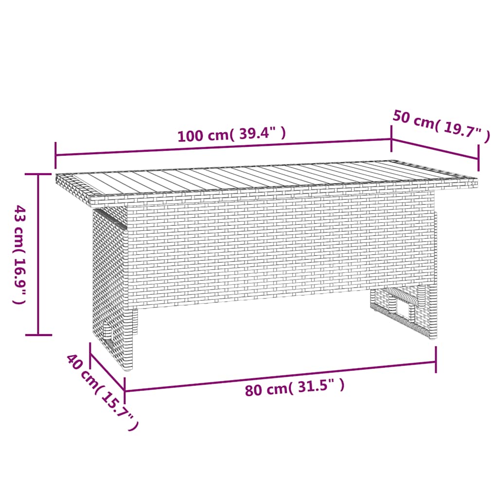 szürke tömör akácfa és polirattan kerti asztal 100x50x43/63 cm