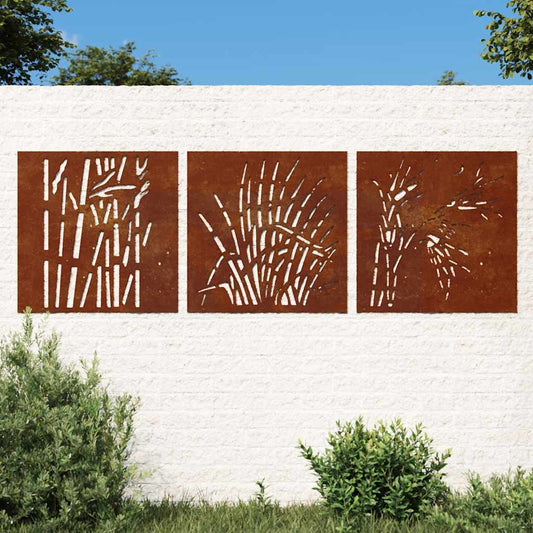 3 db fűmintás corten acél kerti faldísz 55 x 55 cm