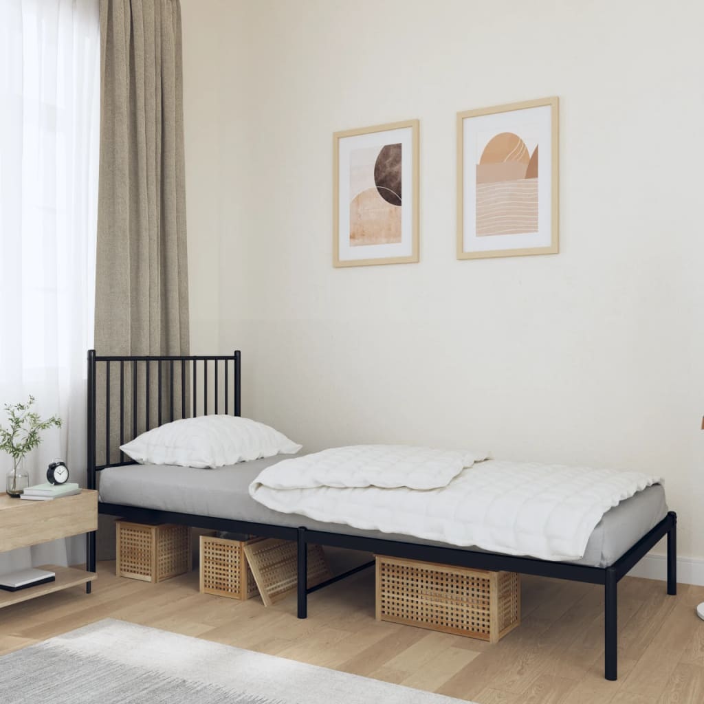 fekete fém ágykeret fejtámlával 90 x 200 cm