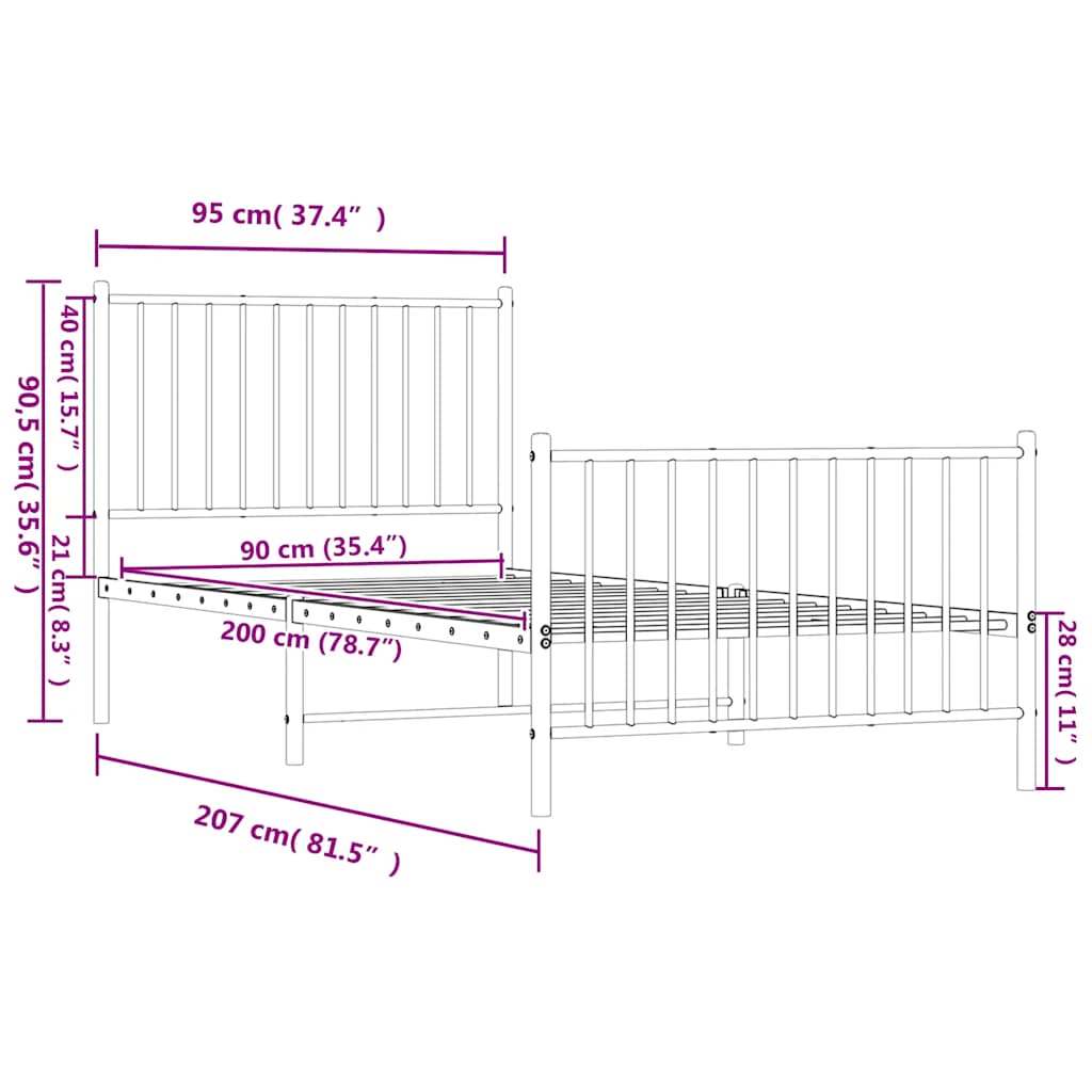 fehér fém ágykeret fej- és lábtámlával 90x200 cm