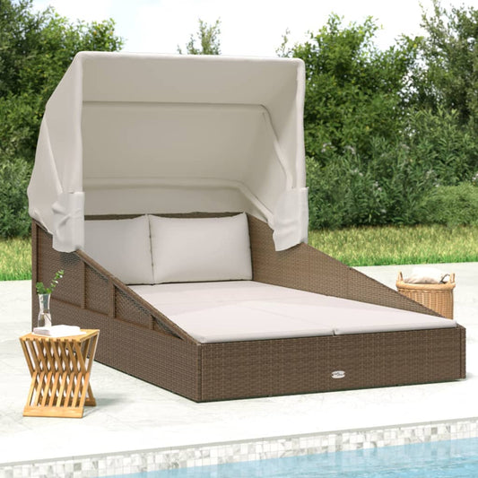 barna polyrattan napozóágy összecsukható tetővel 200x114x128 cm
