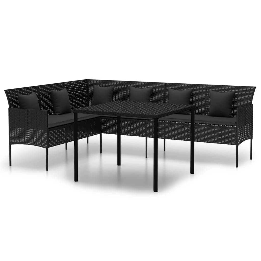 2 részes fekete polyrattan kerti étkezőgarnitúra párnával