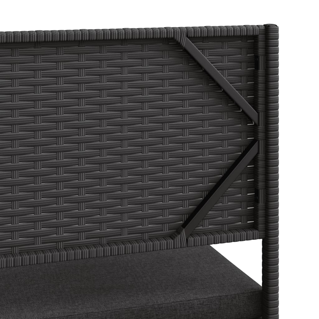 L-alakú fekete polyrattan kerti kanapé asztallal és párnával