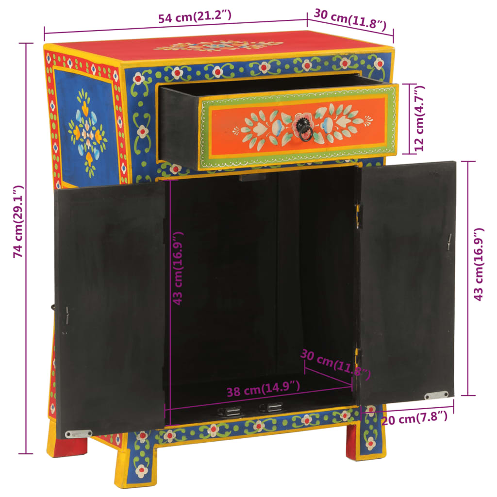 kézzel festett tömör mangófa kisszekrény ajtókkal 53x30x74 cm