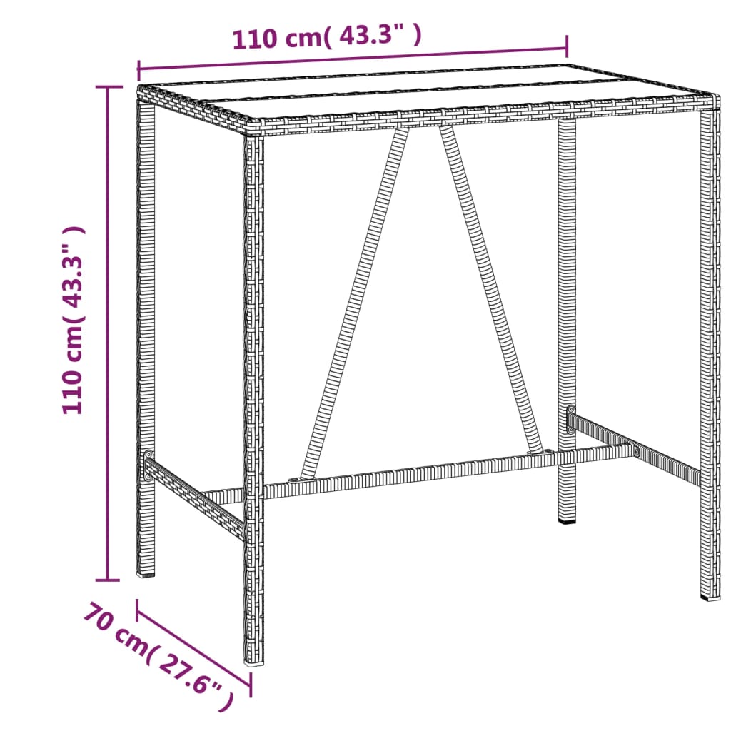 fekete polyrattan üveglapos bárasztal 110 x 70 x 110 cm