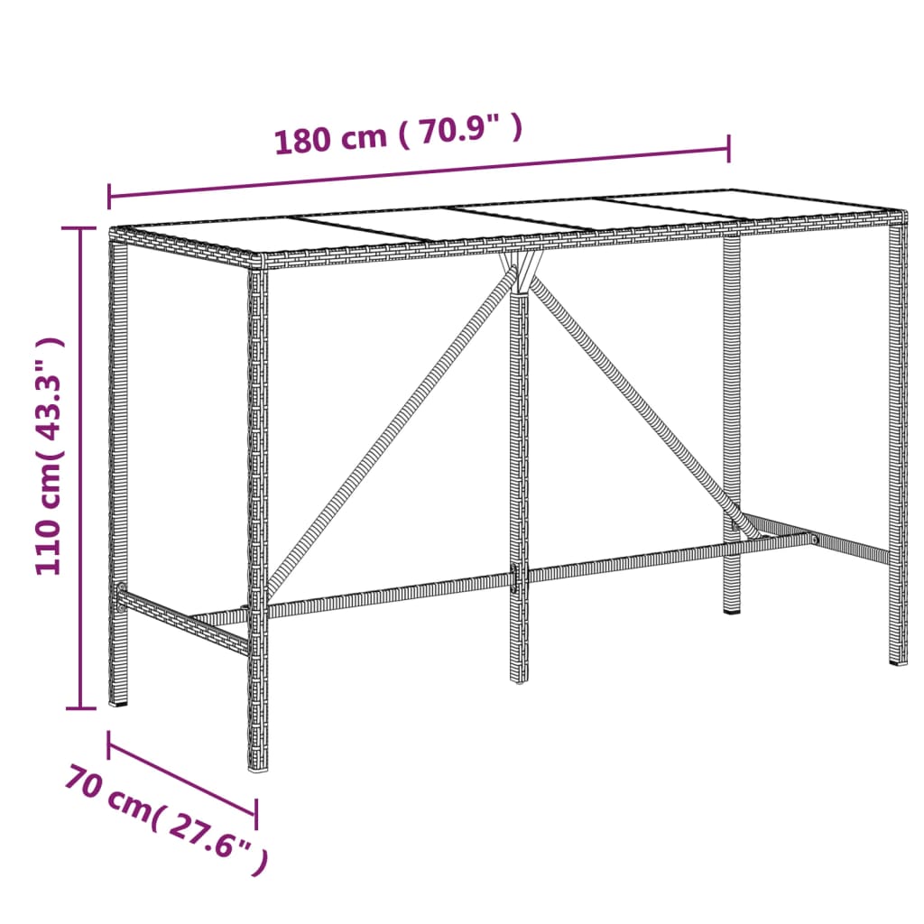 barna polyrattan üveglapos bárasztal 180 x 70 x 110 cm