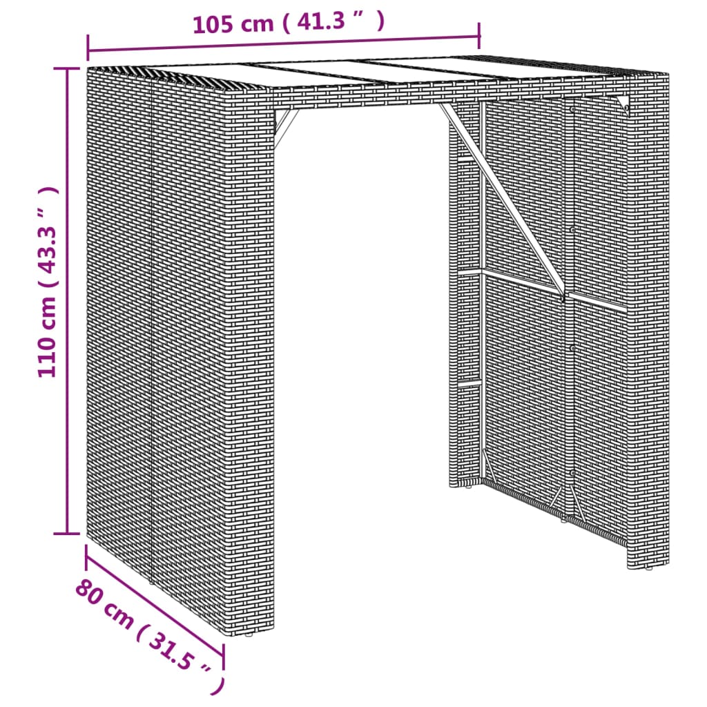 barna polyrattan kerti asztal üveglappal 105 x 80 x 110 cm