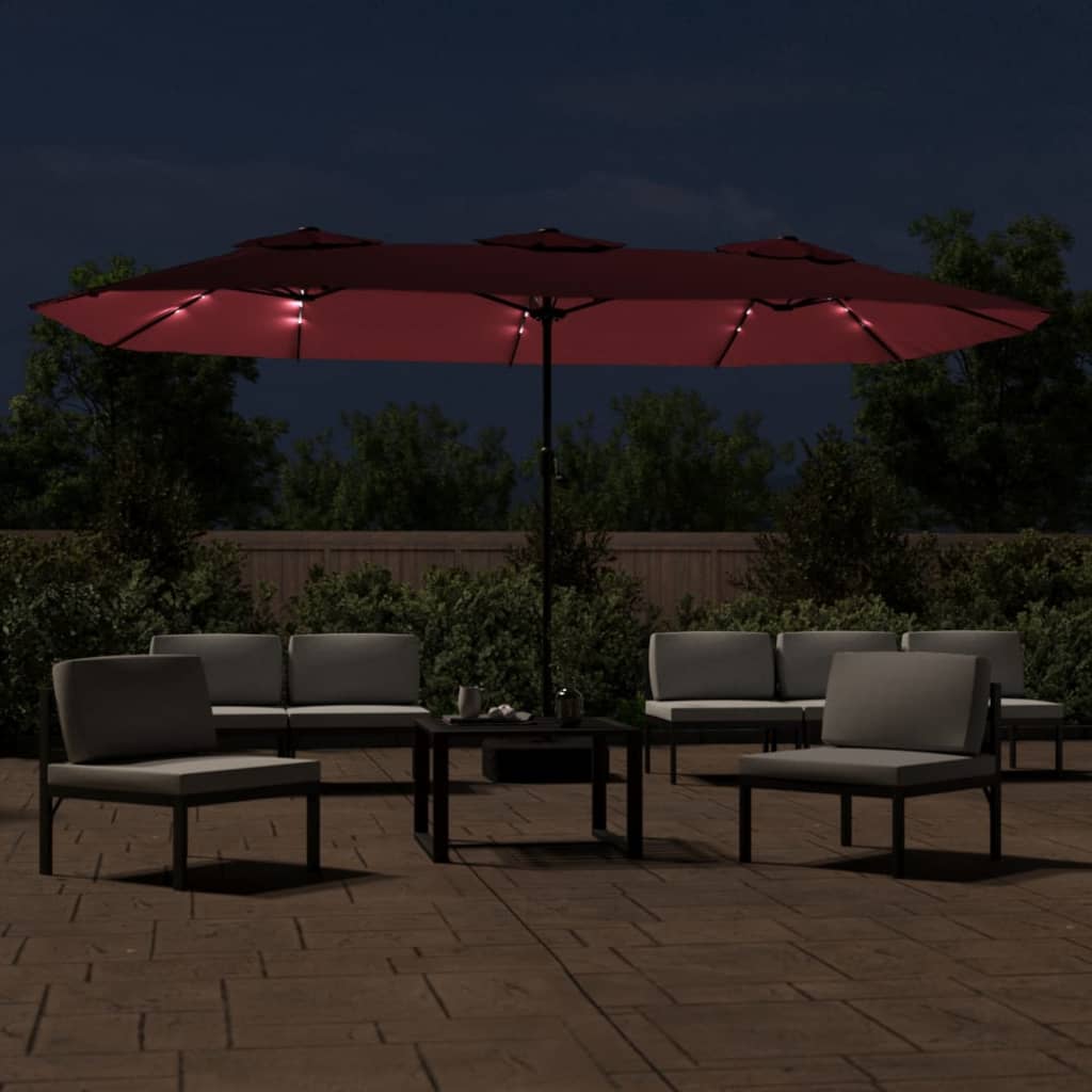 bordó dupla tetős napernyő LED-ekkel 449x265 cm