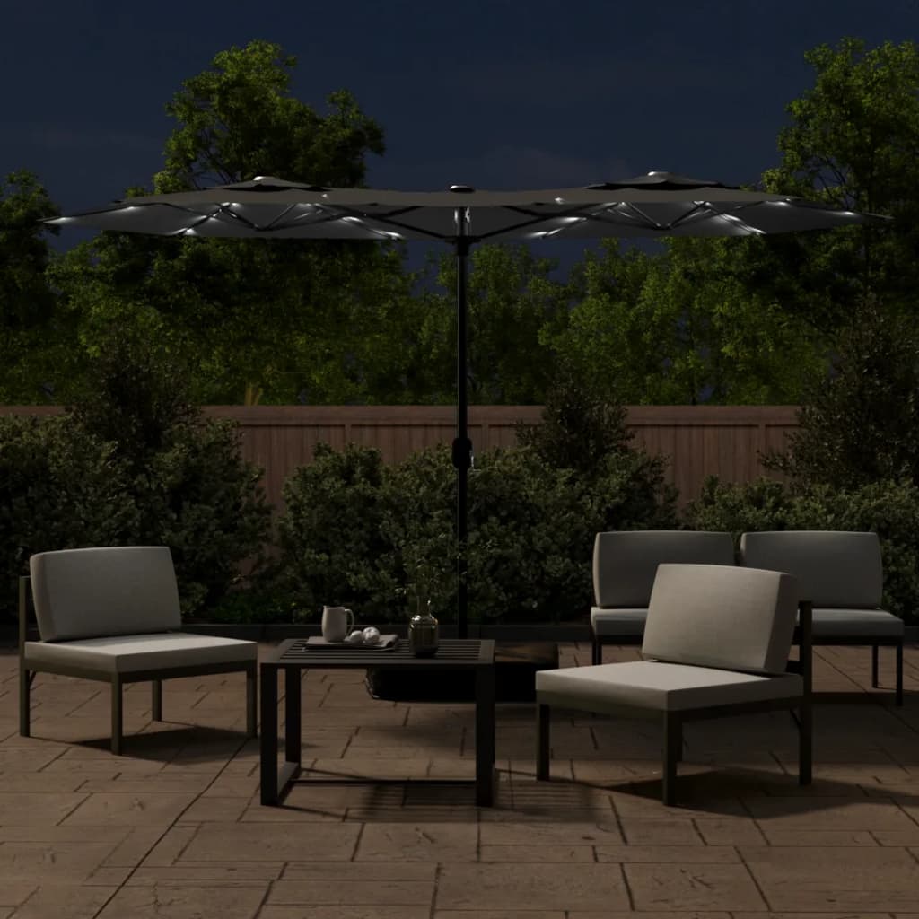 antracitszürke dupla tetős LED-es napernyő 316x145 cm