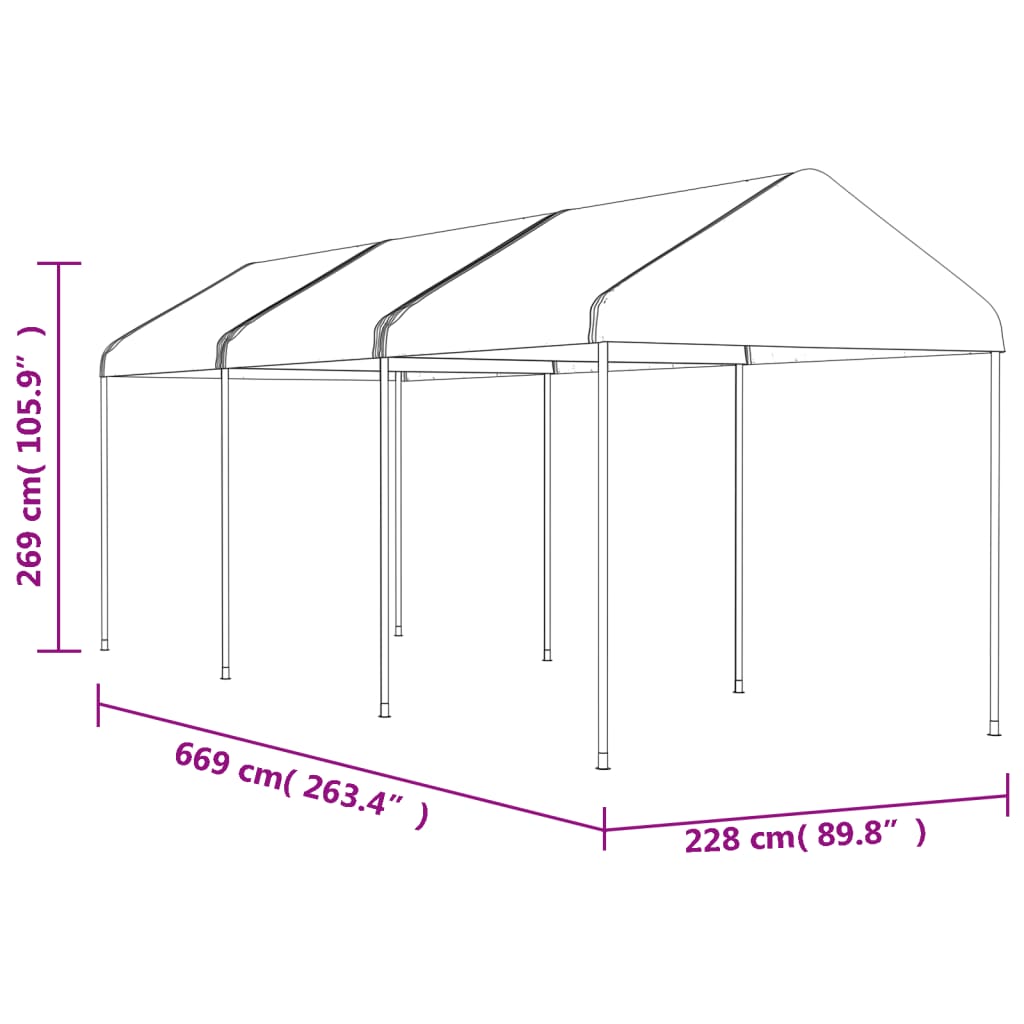 fehér polietilén pavilon tetővel 6,69 x 2,28 x 2,69 m
