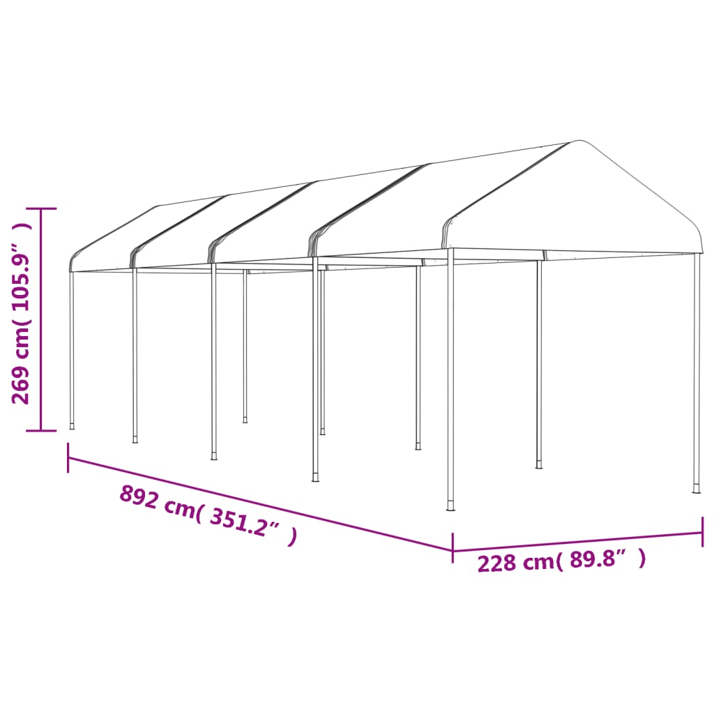 fehér polietilén pavilon tetővel 8,92 x 2,28 x 2,69 m