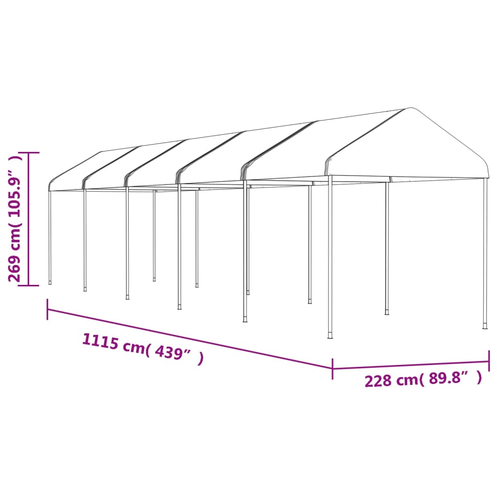 fehér polietilén pavilon tetővel 11,15 x 2,28 x 2,69 m