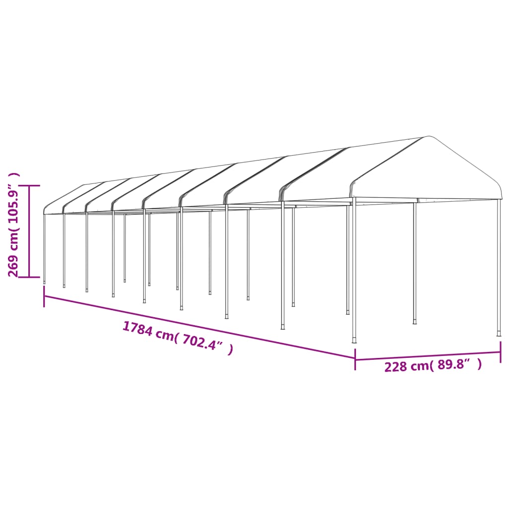fehér polietilén pavilon tetővel 17,84 x 2,28 x 2,69 m