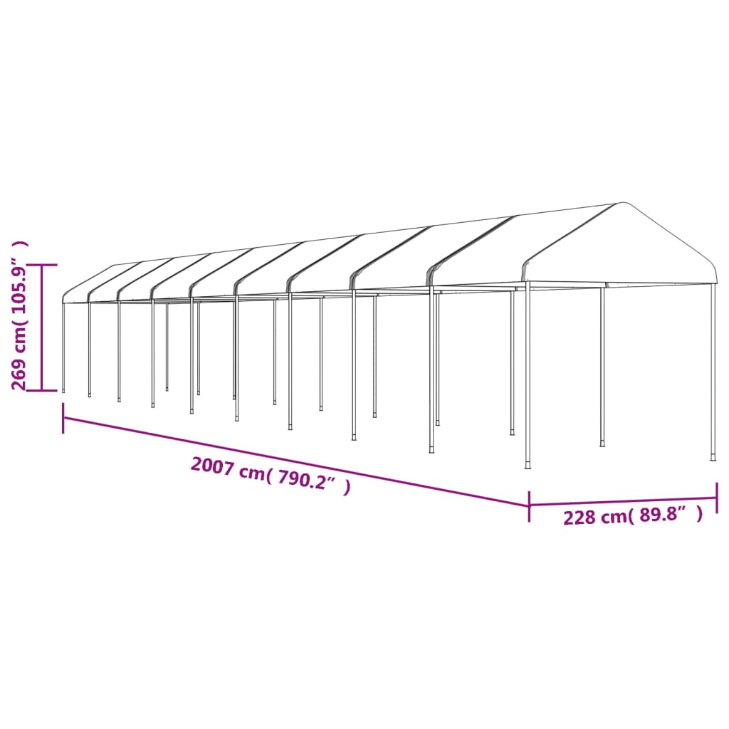fehér polietilén pavilon tetővel 20,07 x 2,28 x 2,69 m