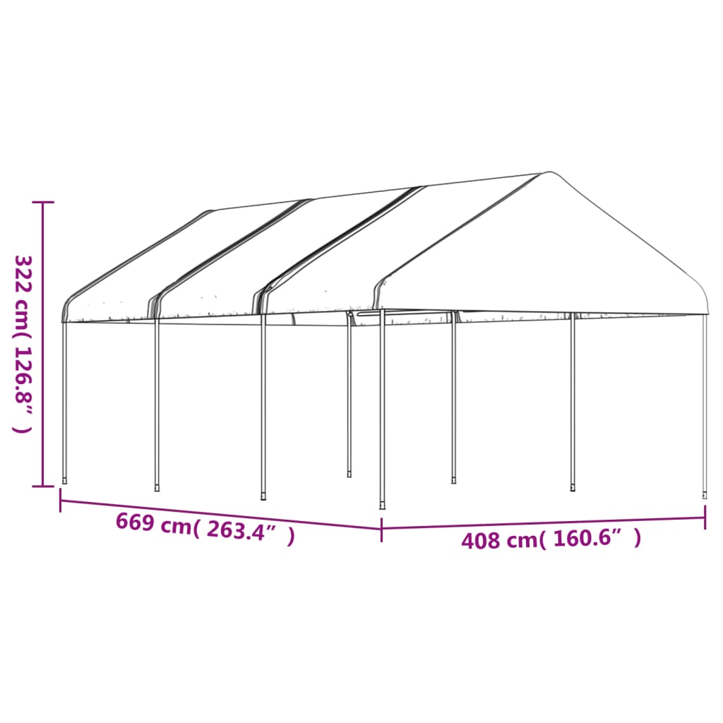 fehér polietilén pavilon tetővel 6,69 x 4,08 x 3,22 m