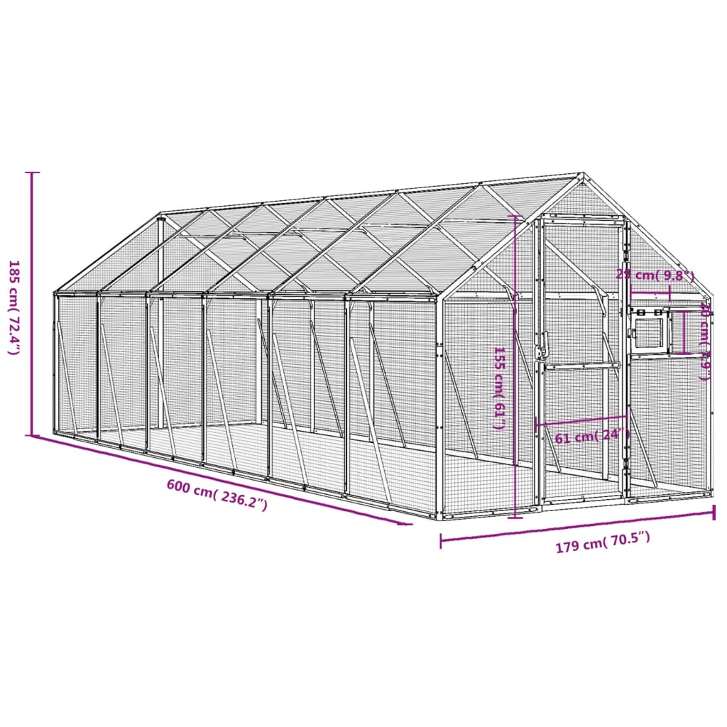 ezüstszínű alumínium madárház 1,79 x 6 x 1,85 m