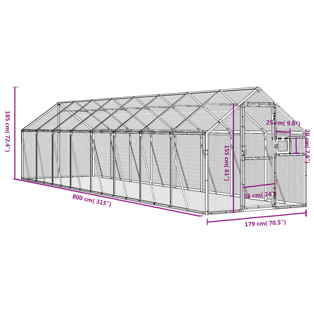 ezüstszínű alumínium madárház 1,79 x 8 x 1,85m