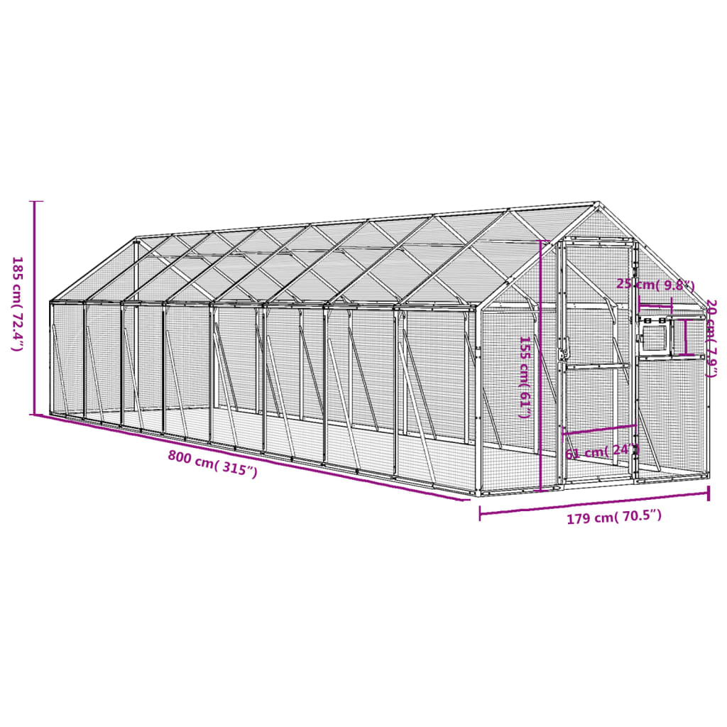 antracit alumínium madárház 1,79 x 8 x 1,85 m
