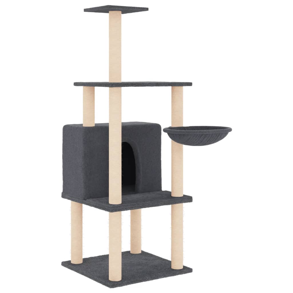 sötétszürke macskabútor szizál kaparófákkal 132 cm