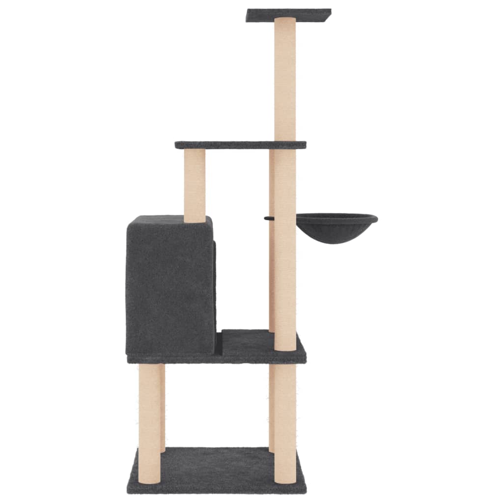 sötétszürke macskabútor szizál kaparófákkal 132 cm
