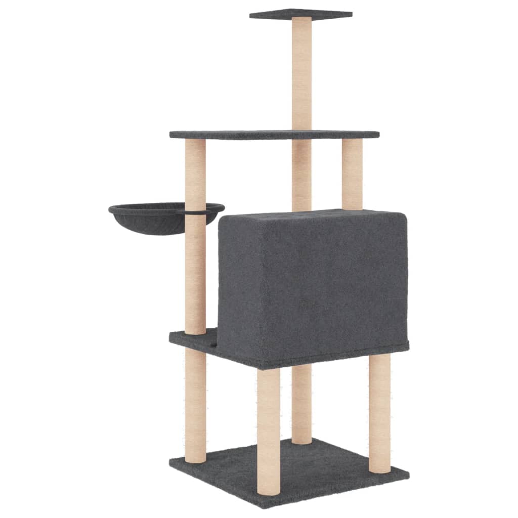 sötétszürke macskabútor szizál kaparófákkal 132 cm