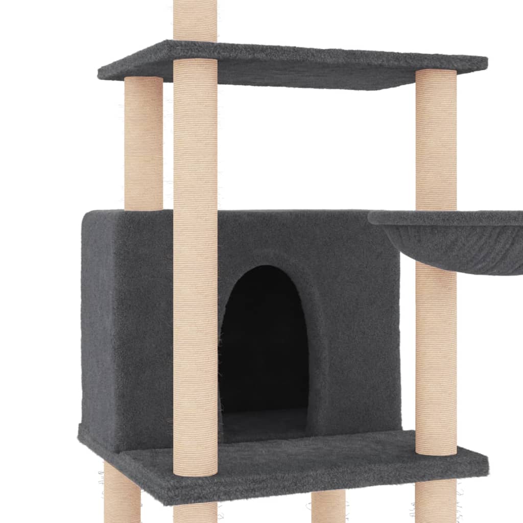 sötétszürke macskabútor szizál kaparófákkal 132 cm
