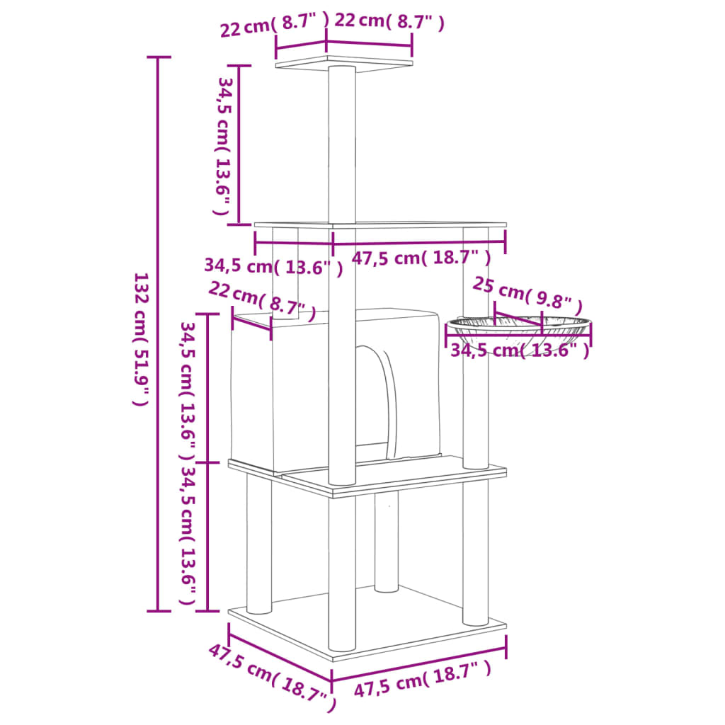 sötétszürke macskabútor szizál kaparófákkal 132 cm