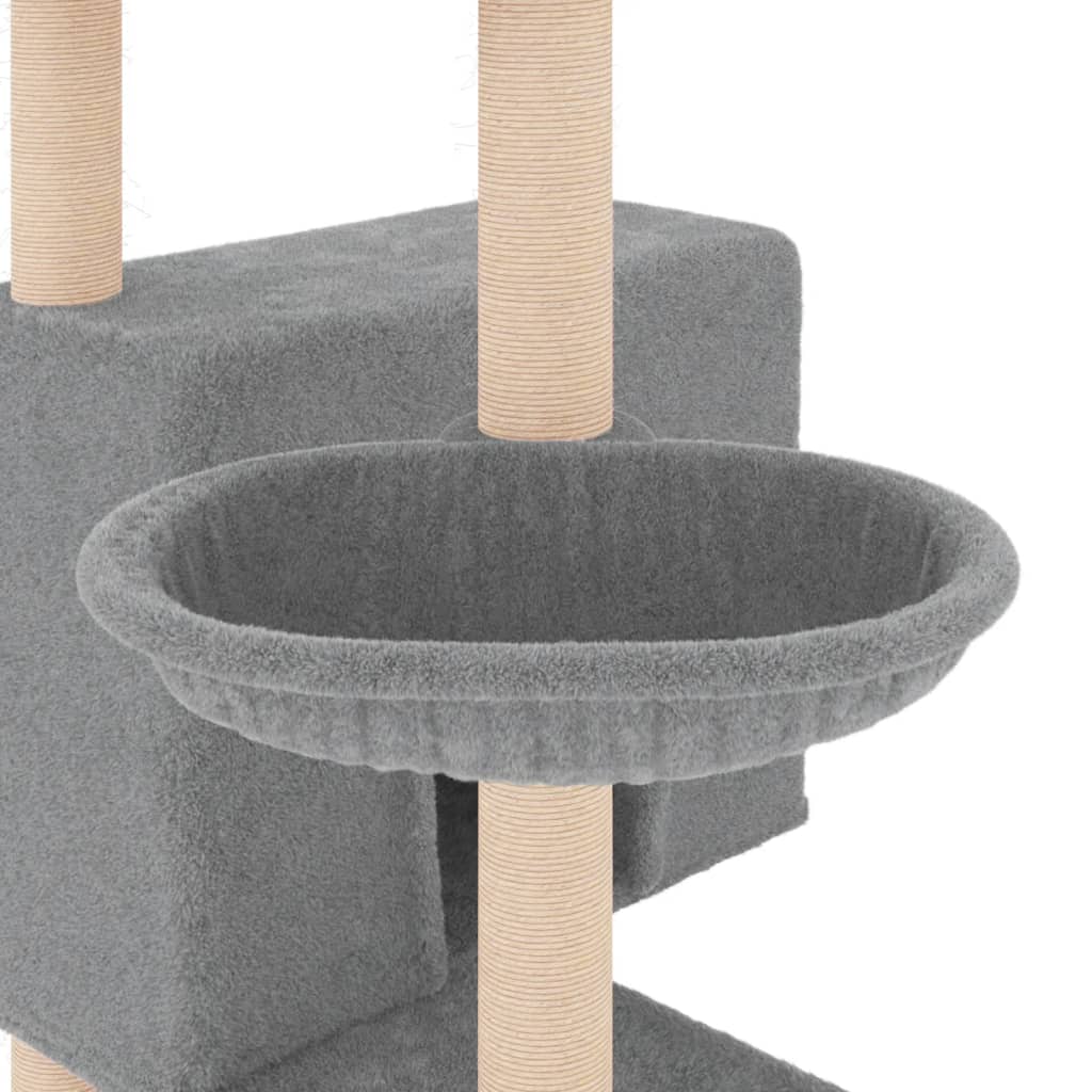 világosszürke macskabútor szizál kaparófákkal 143 cm