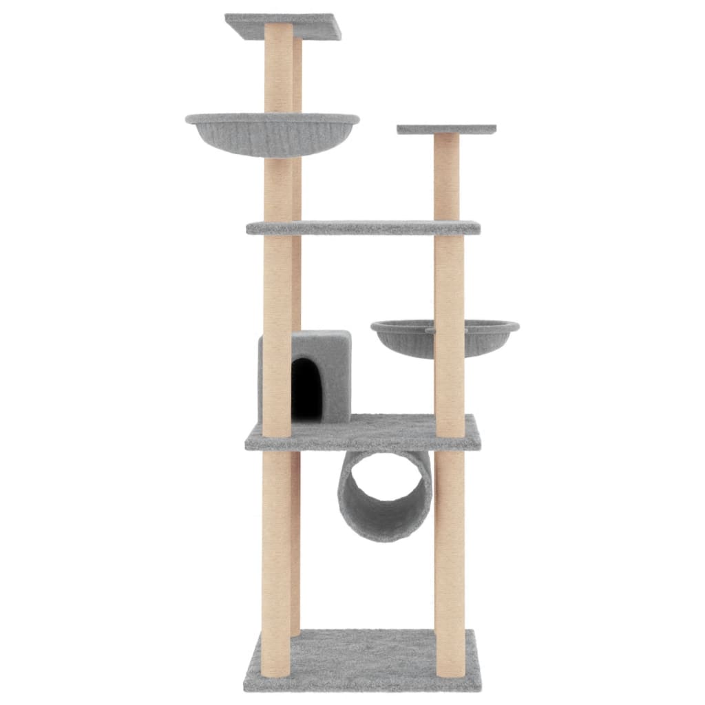 világosszürke macskabútor szizál kaparófákkal 141 cm