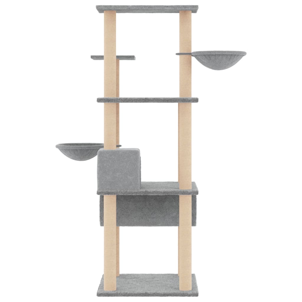 világosszürke macskabútor szizál kaparófákkal 141 cm