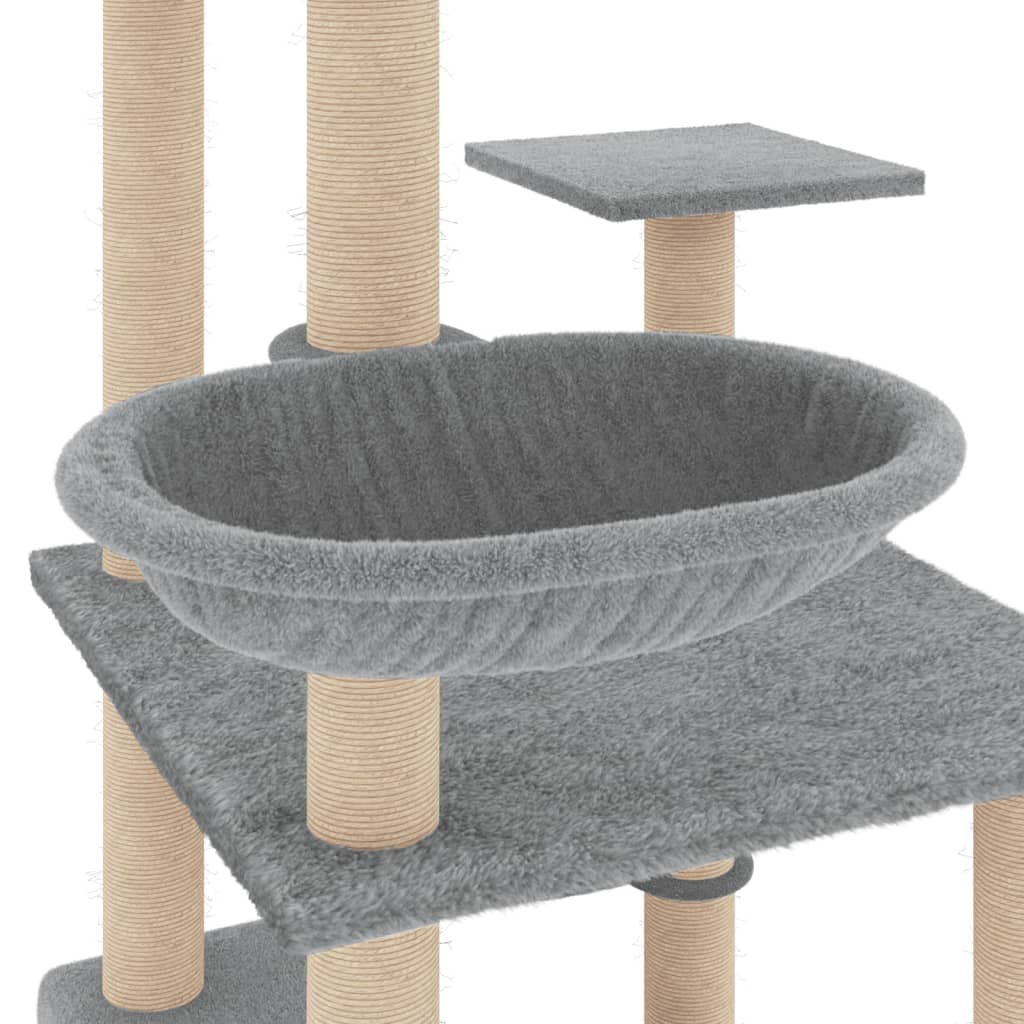 világosszürke macskabútor szizál kaparófákkal 141 cm
