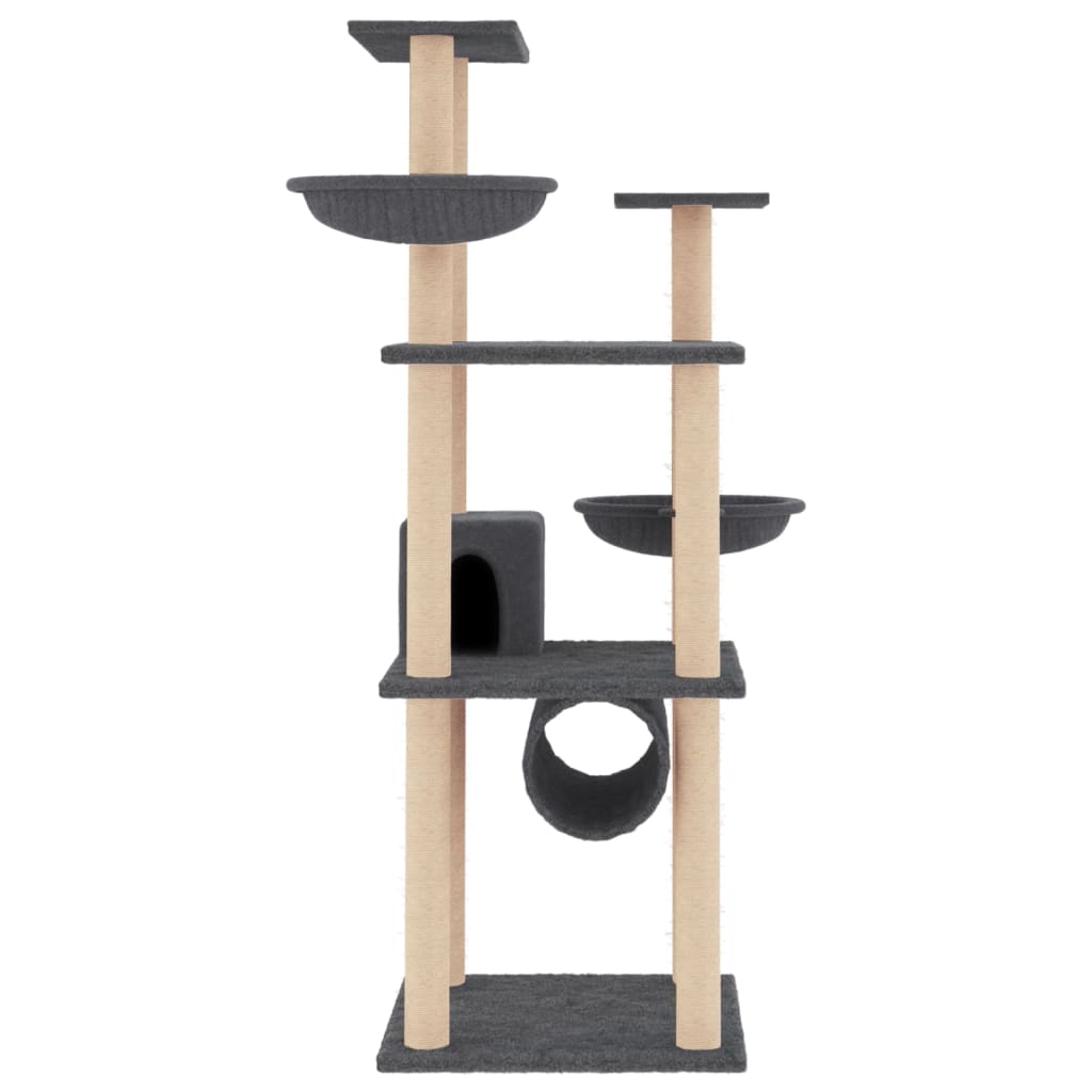 sötétszürke macskabútor szizál kaparófákkal 141 cm