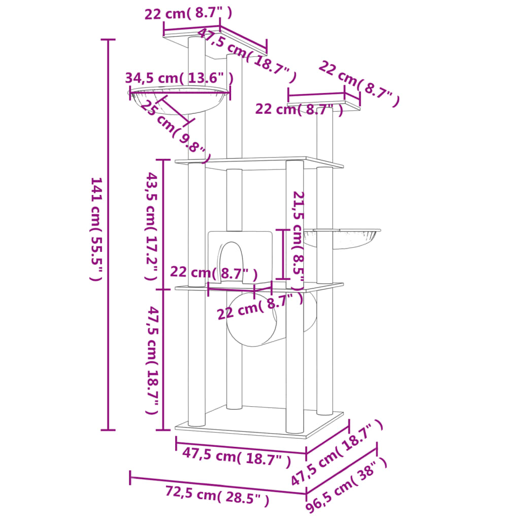 sötétszürke macskabútor szizál kaparófákkal 141 cm