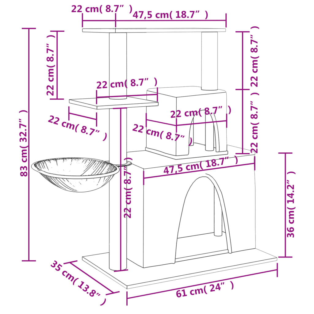 sötétszürke macskabútor szizál kaparófákkal 83 cm