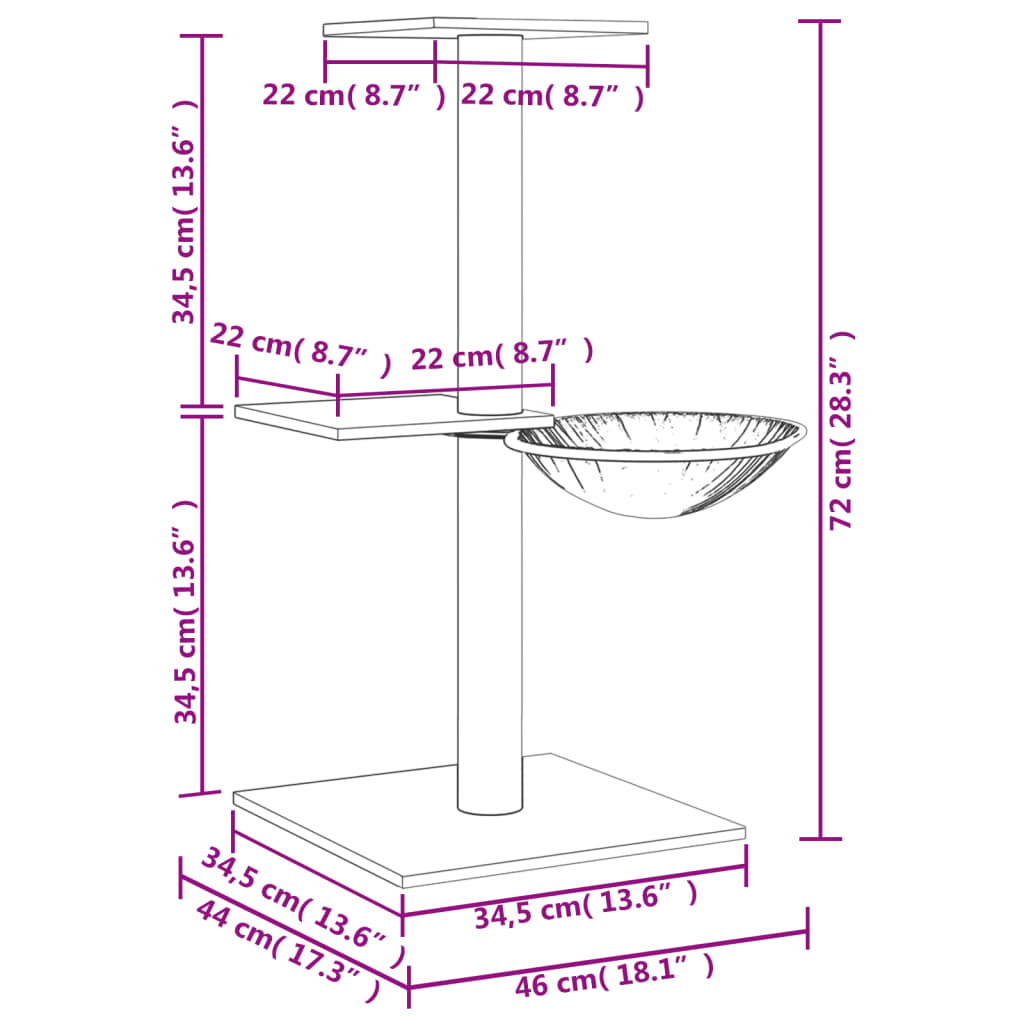 sötétszürke macskabútor szizál kaparófákkal 72 cm