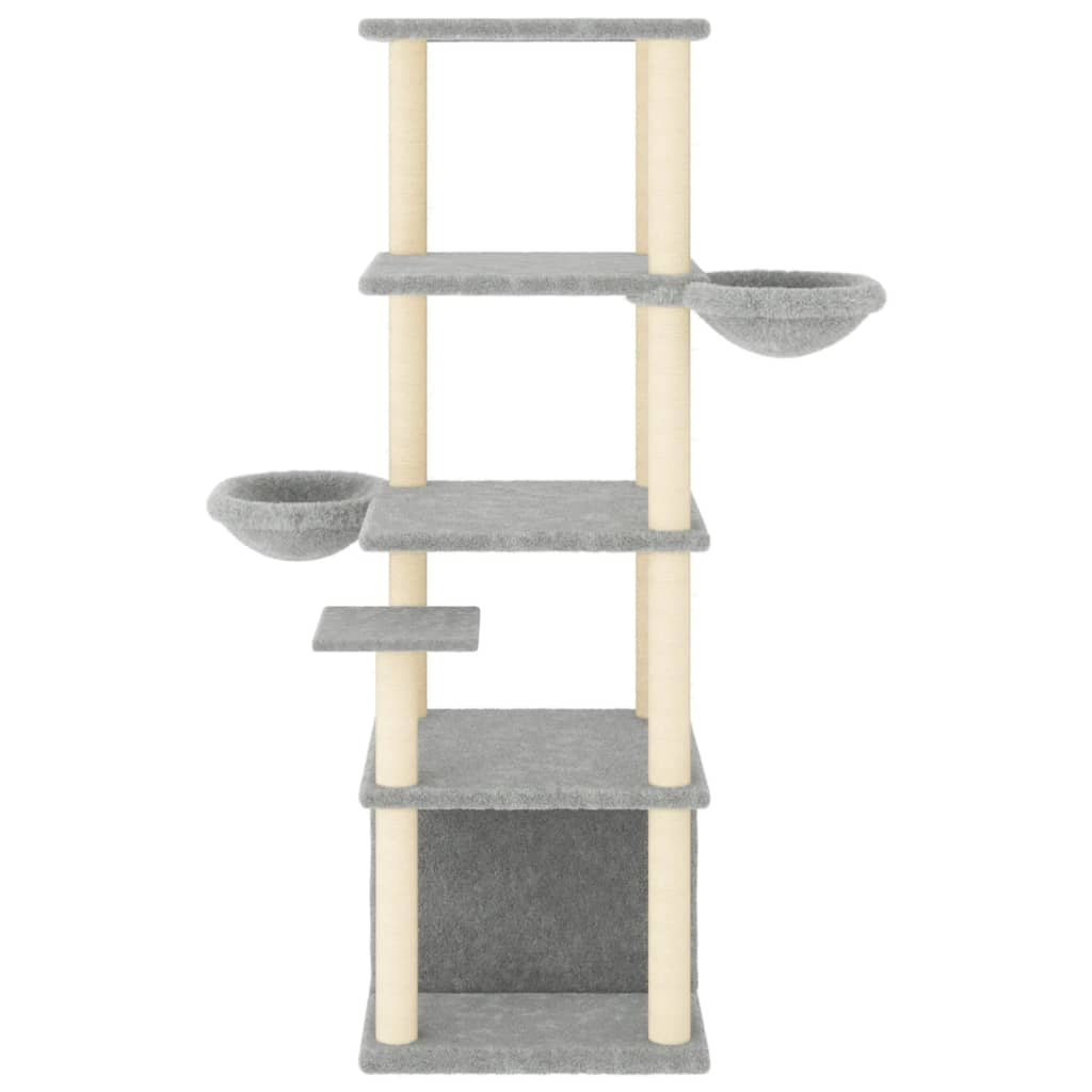 világosszürke macskabútor szizál kaparófákkal 147 cm