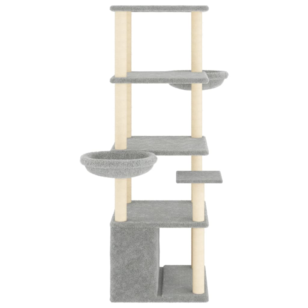 világosszürke macskabútor szizál kaparófákkal 147 cm