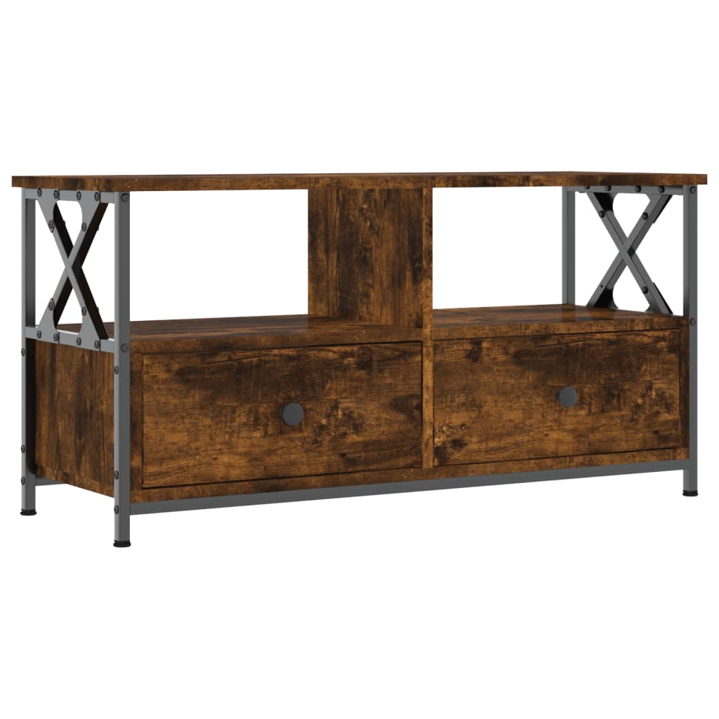 füstös tölgy színű szerelt fa és vas TV-szekrény 90x33x45 cm
